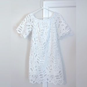 Off the shoulder white dress. Great for bridal shower or bachelorette party!
